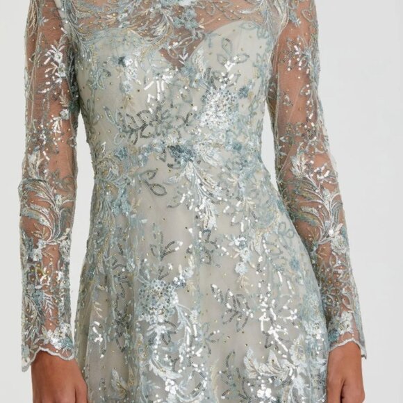 Mac Duggal Green Floral Embroidered Illusion Long Sleeve Gown-Size 4 - Picture 3 of 4